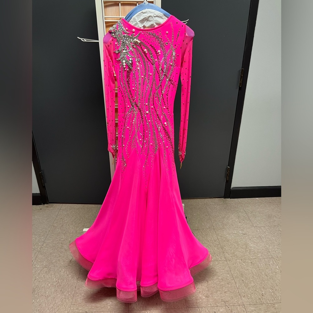 Vibrant Pink Junior Ballroom Standard Competition Dress with Silver Accents